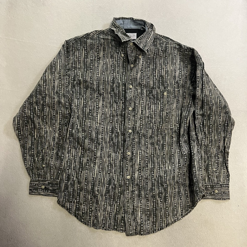 Vintage Bugle Boy Shirt Men's Medium Geometric Ramie Blend Button Down Retro